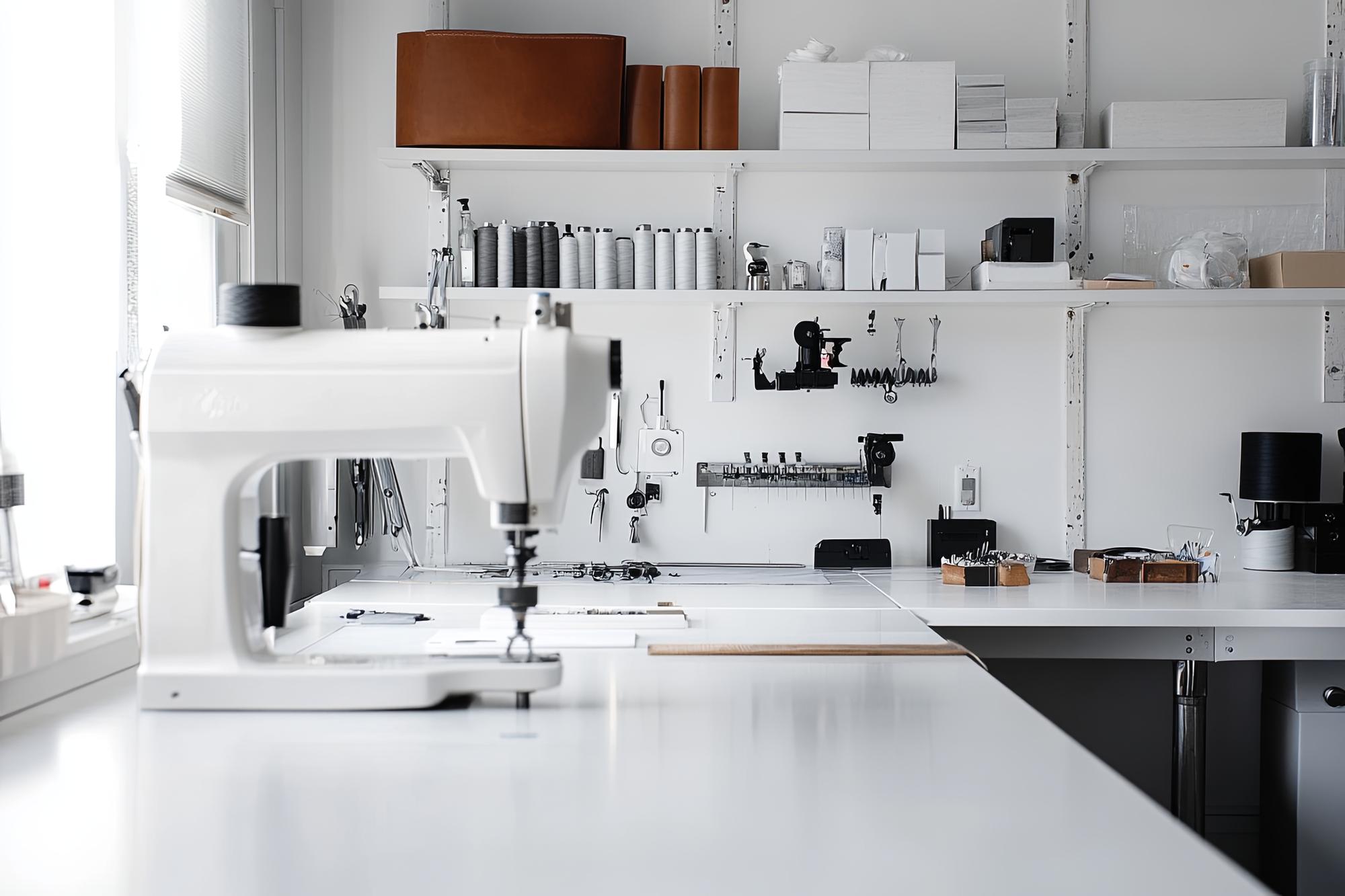 Workshop interior with sewing machines and threads